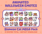 Siamese Cat Halloween animated Twitch emote mega pack featuring 21 emotes including hype, candy, kiss, and lurk.
