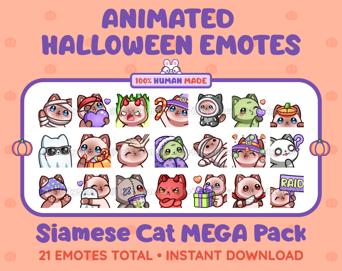 Siamese Cat Halloween animated Twitch emote mega pack featuring 21 emotes including hype, candy, kiss, and lurk.