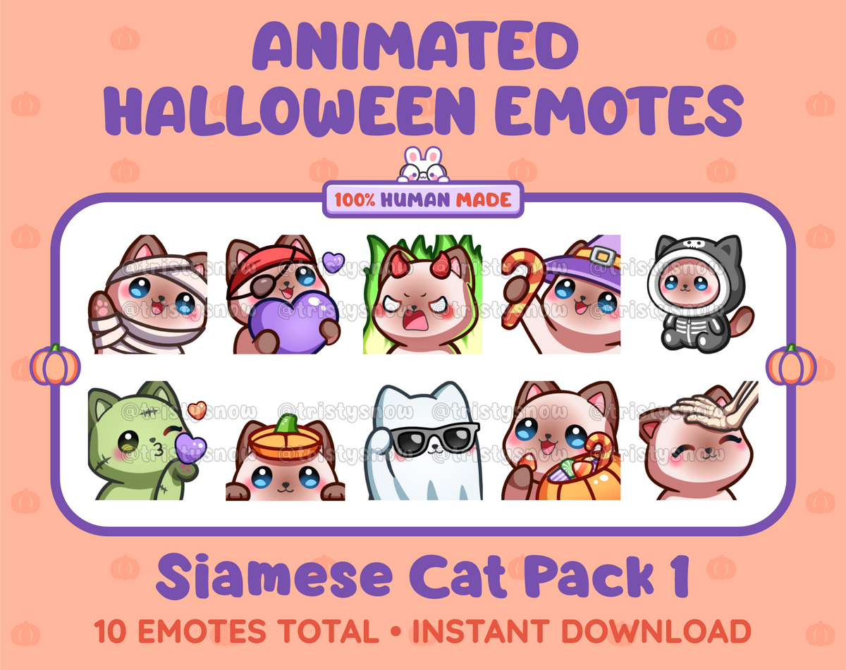 Siamese Cat Halloween animated Twitch emote pack featuring 10 emotes including angry, candy, kiss, and lurk.