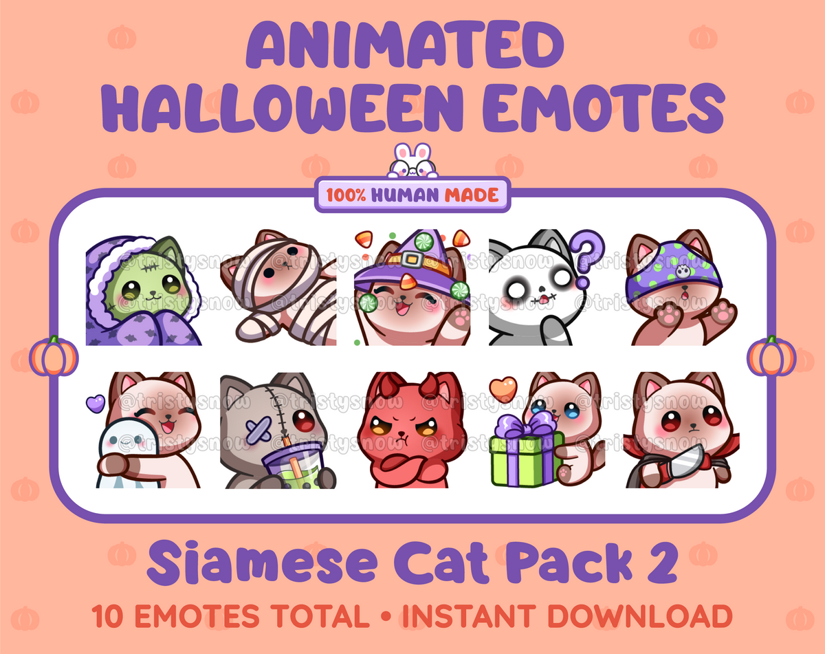Siamese Cat Halloween animated Twitch emote pack featuring 10 emotes including hype, sip, hug, and pout.