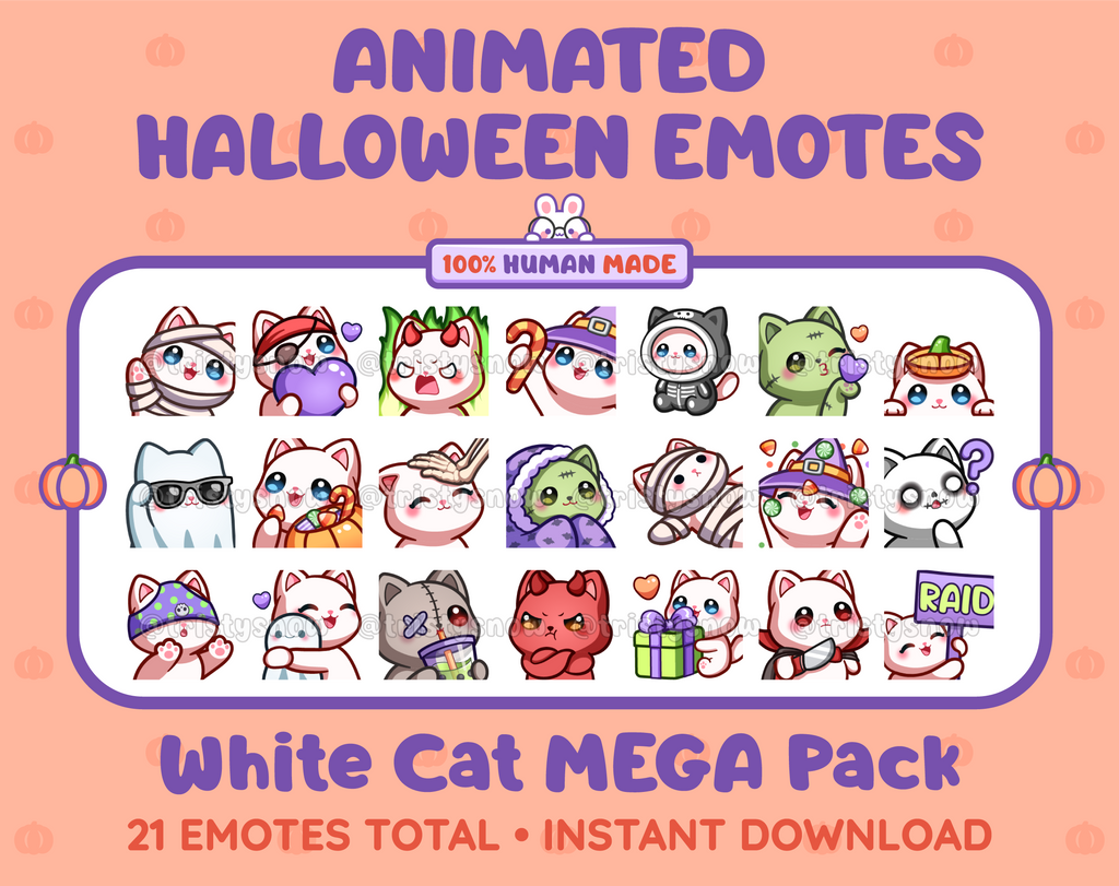 White Cat Halloween animated Twitch emote mega pack featuring 21 emotes including hype, candy, kiss, and lurk.