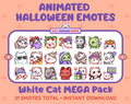 White Cat Halloween animated Twitch emote mega pack featuring 21 emotes including hype, candy, kiss, and lurk.