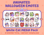 White Cat Halloween animated Twitch emote mega pack featuring 21 emotes including hype, candy, kiss, and lurk.