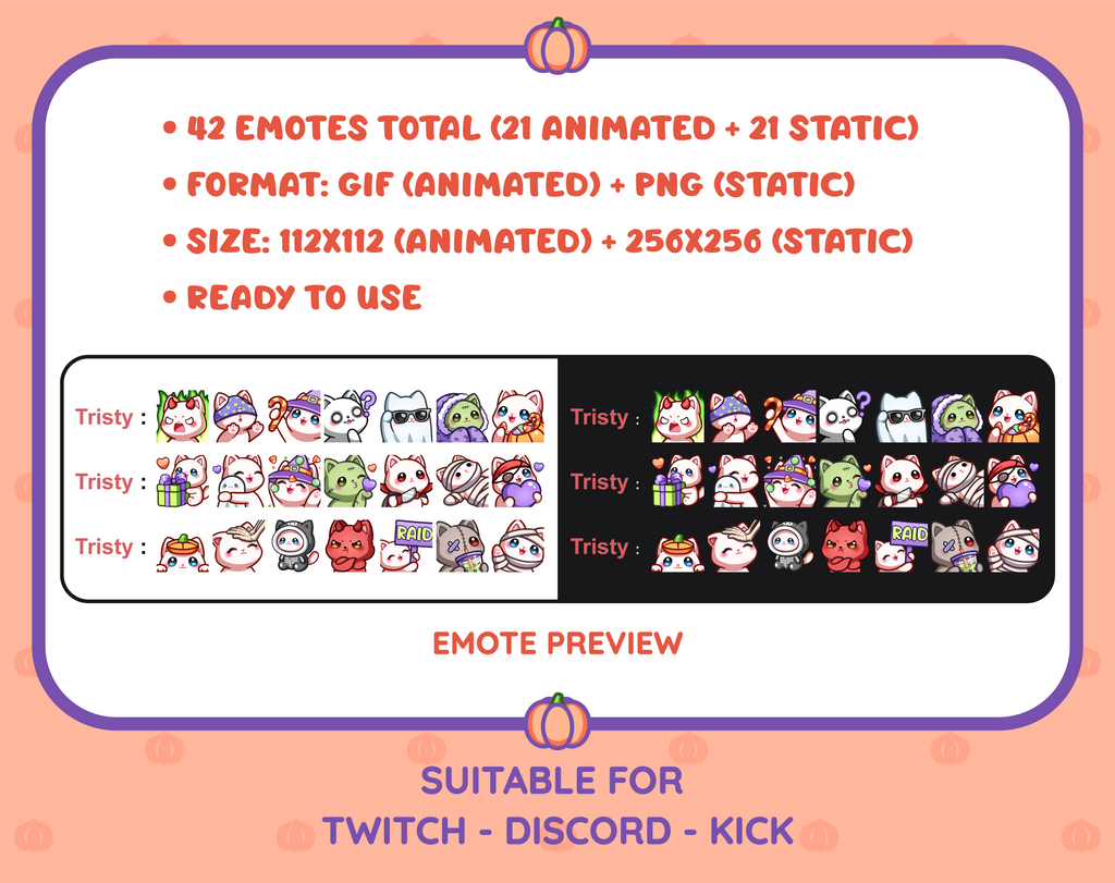 White Cat Halloween animated Twitch emote mega pack shown in light and dark chat preview.