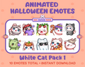 White Cat Halloween animated Twitch emote pack featuring 10 emotes including angry, candy, kiss, and lurk.
