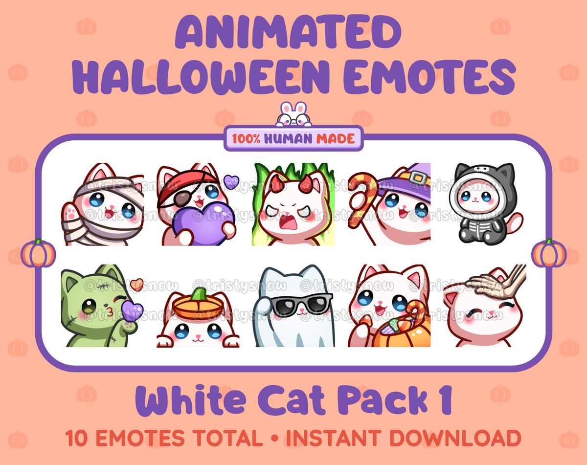 White Cat Halloween animated Twitch emote pack featuring 10 emotes including angry, candy, kiss, and lurk.