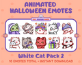 White Cat Halloween animated Twitch emote pack featuring 10 emotes including hype, sip, hug, and pout.