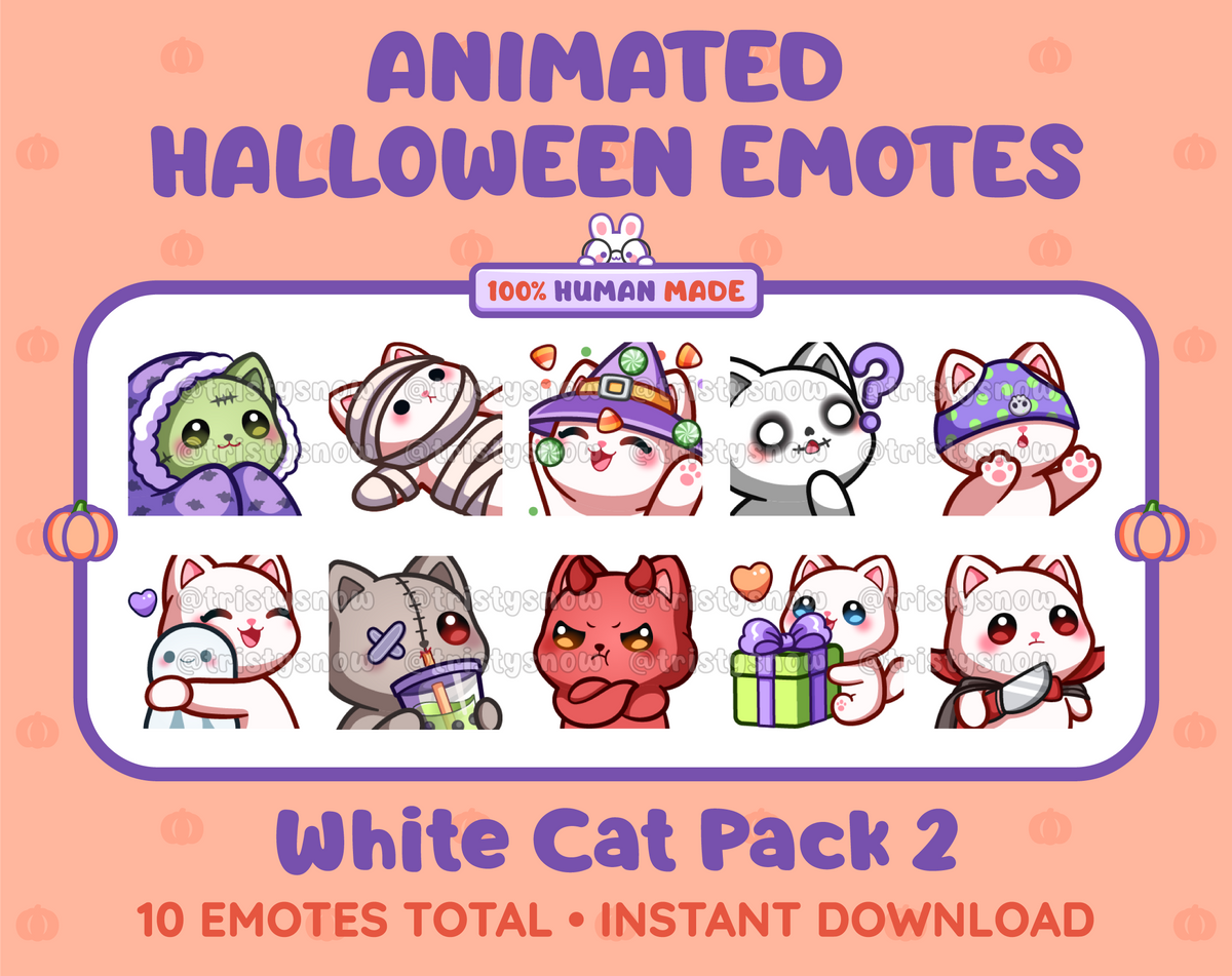 White Cat Halloween animated Twitch emote pack featuring 10 emotes including hype, sip, hug, and pout.