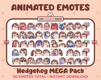 Hedgehog animated Twitch emote mega pack GIF preview showing all 50 emote animations.