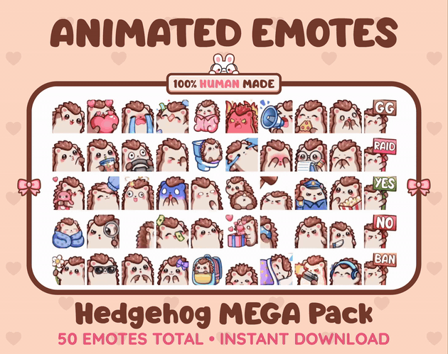 Hedgehog animated Twitch emote mega pack GIF preview showing all 50 emote animations.