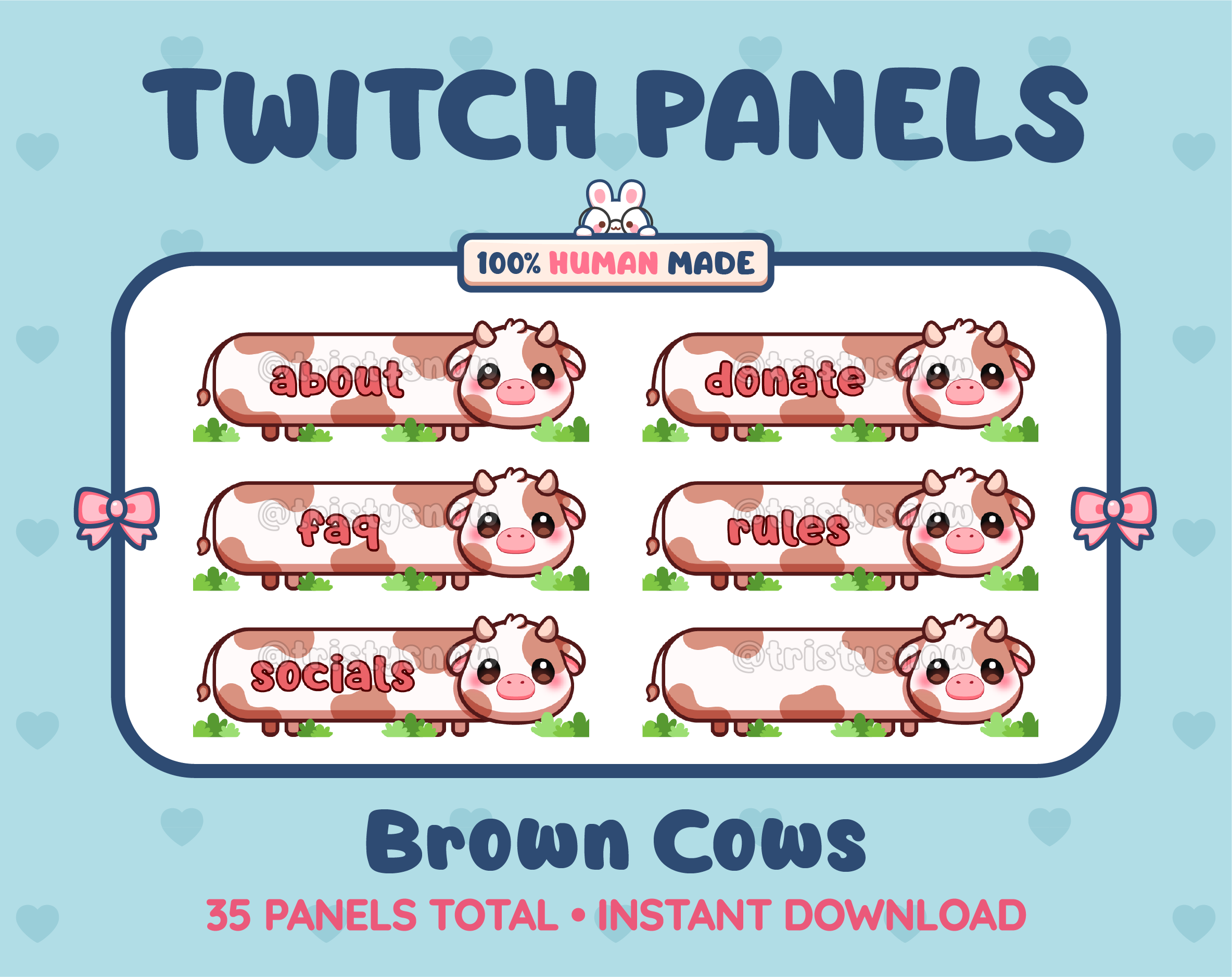 Brown Cow Twitch panel pack displaying 6 matching panels for About, FAQ, Socials, Donate, Rules, and an empty panel.