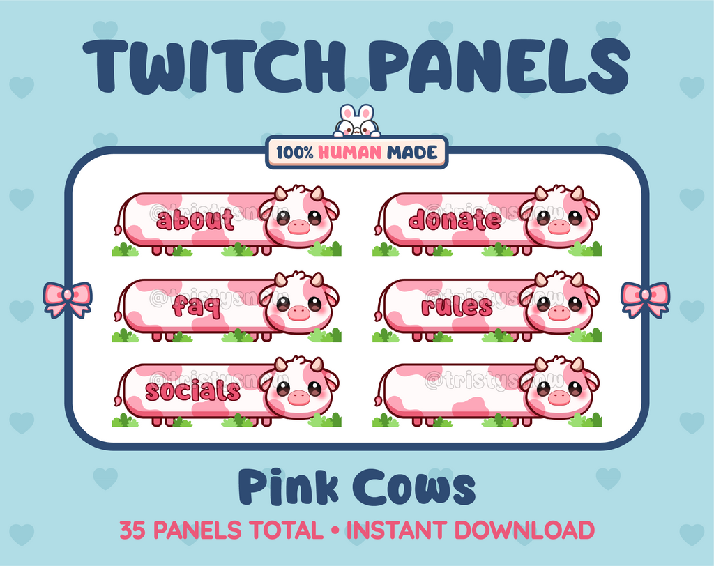 Pink Cow Twitch panel pack displaying 6 matching panels for About, FAQ, Socials, Donate, Rules, and an empty panel.