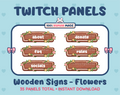 Wooden Sign with Flowers Twitch panel pack displaying 6 matching panels for About, FAQ, Socials, Donate, Rules, and an empty panel.