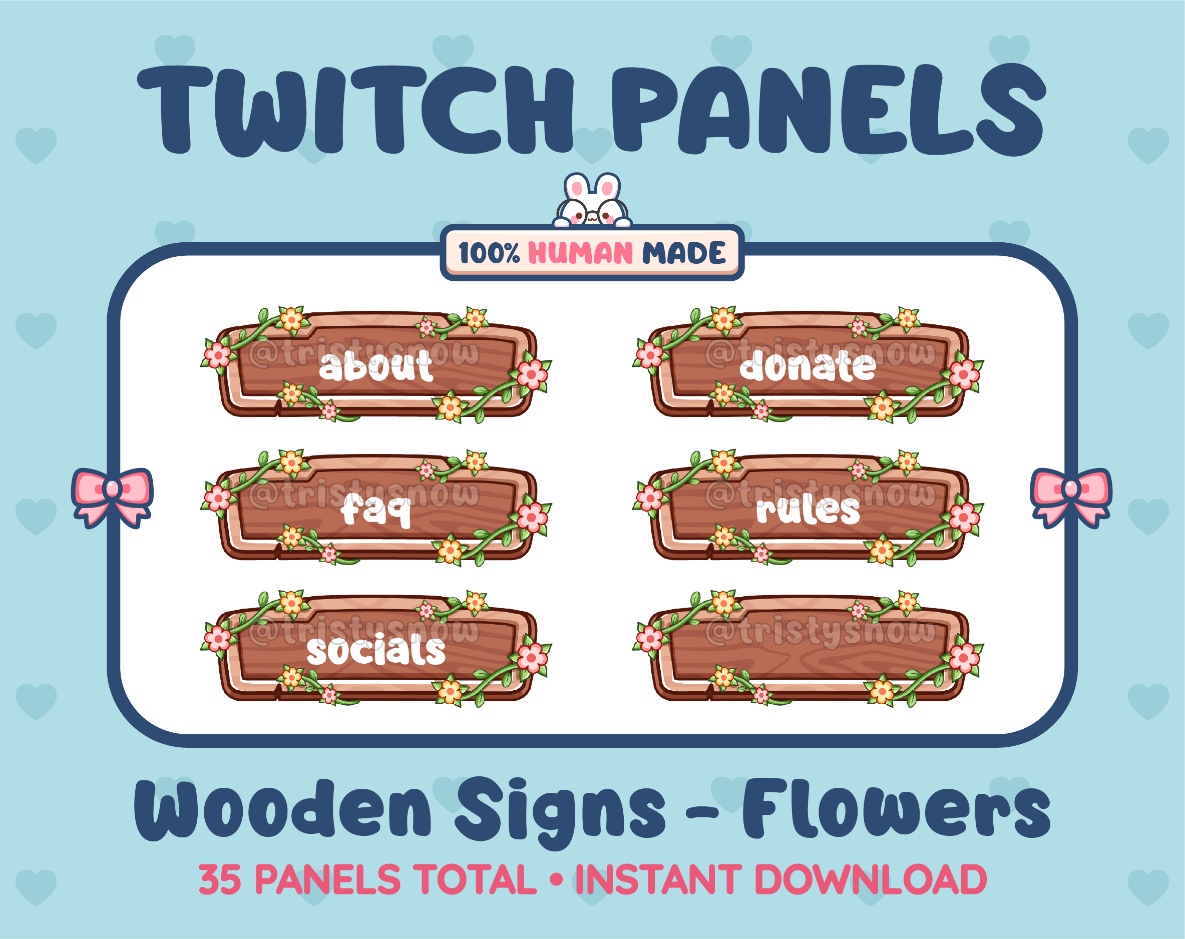 Wooden Sign with Flowers Twitch panel pack displaying 6 matching panels for About, FAQ, Socials, Donate, Rules, and an empty panel.