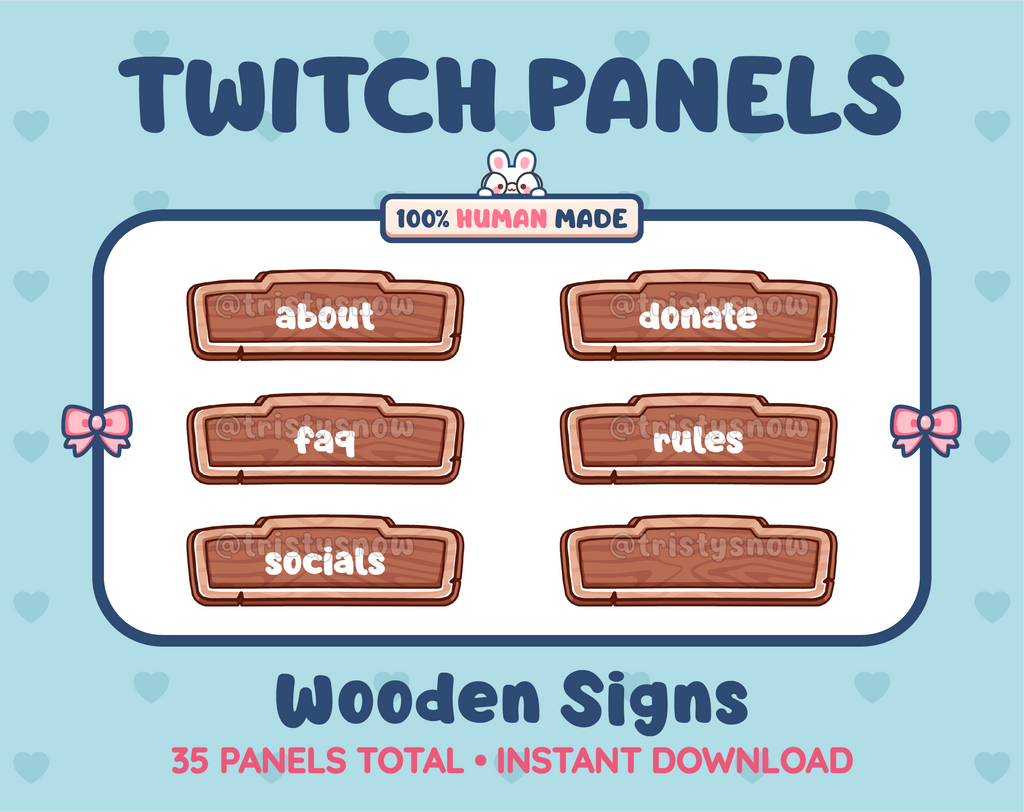 Wooden Sign Twitch panel pack displaying 6 matching panels for About, FAQ, Socials, Donate, Rules, and an empty panel.