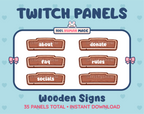 Wooden Sign Twitch panel pack displaying 6 matching panels for About, FAQ, Socials, Donate, Rules, and an empty panel.