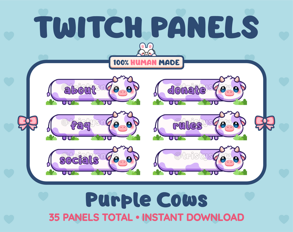 Purple Cow Twitch panel pack displaying 6 matching panels for About, FAQ, Socials, Donate, Rules, and an empty panel.