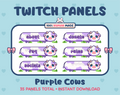 Purple Cow Twitch panel pack displaying 6 matching panels for About, FAQ, Socials, Donate, Rules, and an empty panel.