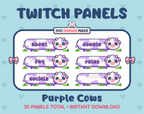 Purple Cow Twitch panel pack displaying 6 matching panels for About, FAQ, Socials, Donate, Rules, and an empty panel.