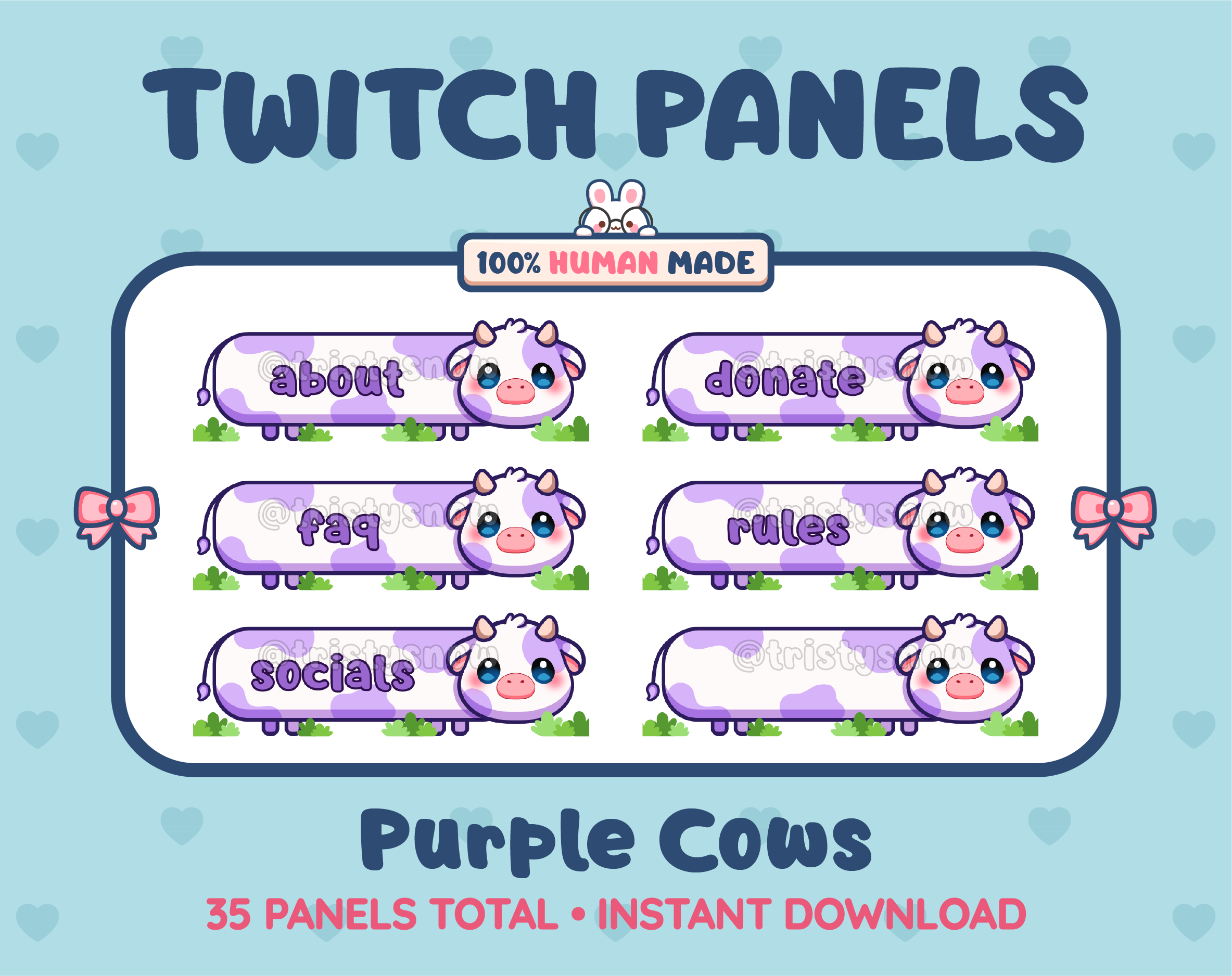 Purple Cow Twitch panel pack displaying 6 matching panels for About, FAQ, Socials, Donate, Rules, and an empty panel.