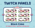 Black Cow Twitch panel pack displaying 6 matching panels for About, FAQ, Socials, Donate, Rules, and an empty panel.