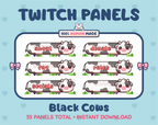 Black Cow Twitch panel pack displaying 6 matching panels for About, FAQ, Socials, Donate, Rules, and an empty panel.