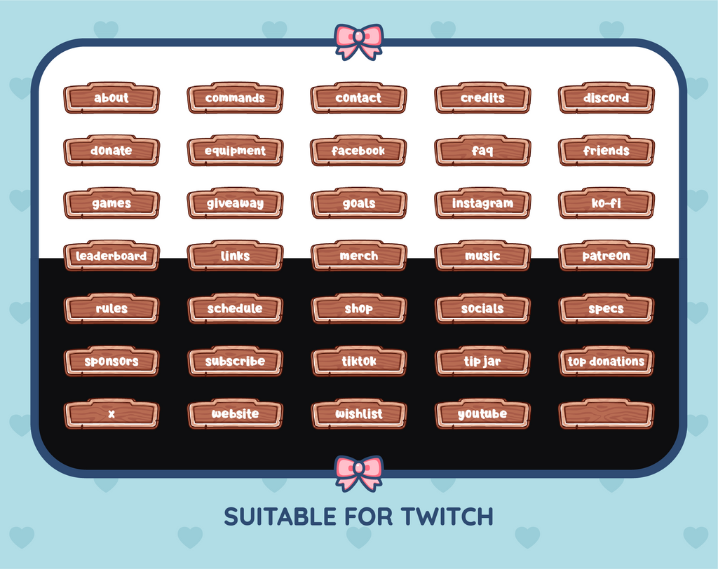 Wooden Sign Twitch panel pack displaying all 35 included panel designs.