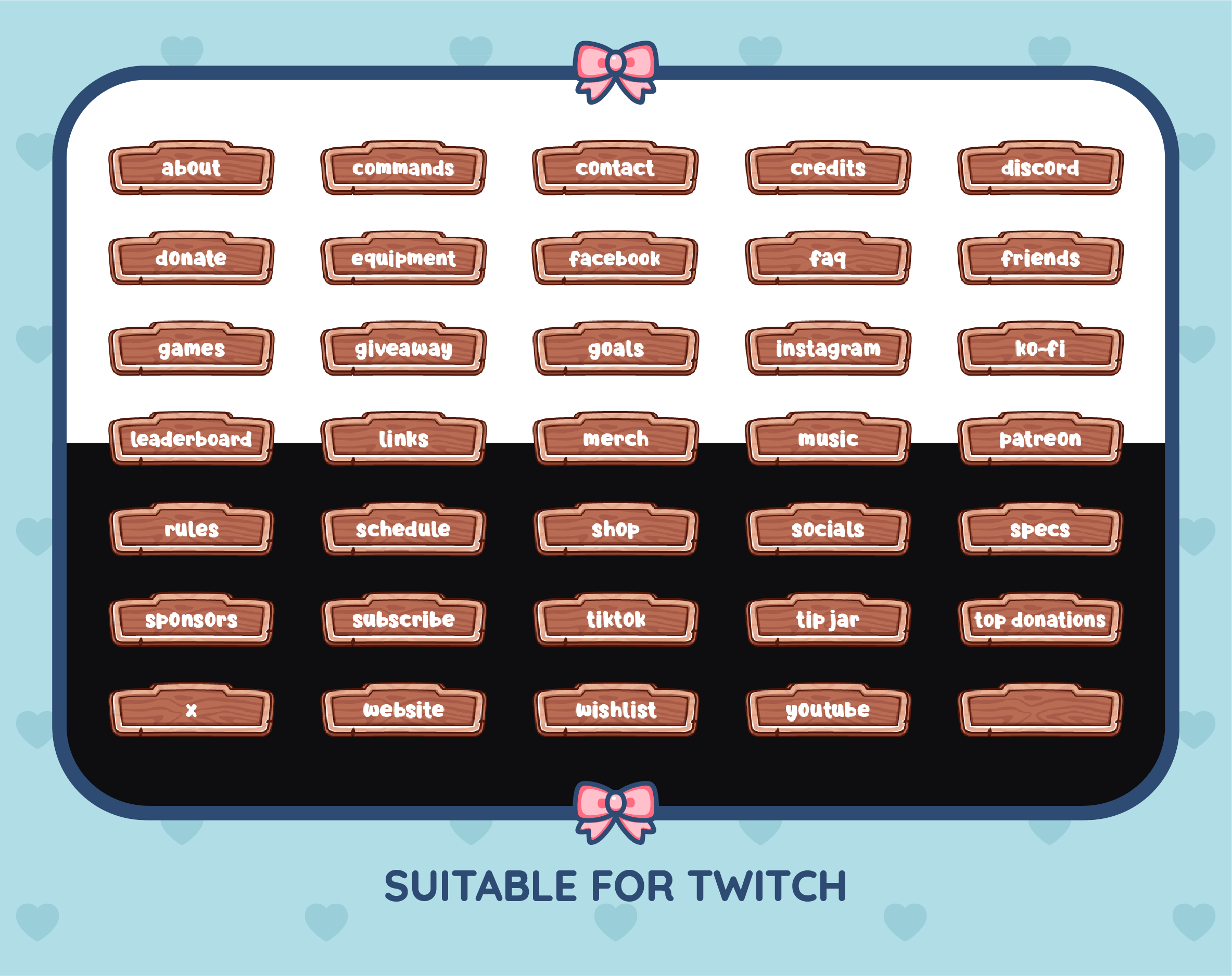 Wooden Sign Twitch panel pack displaying all 35 included panel designs.