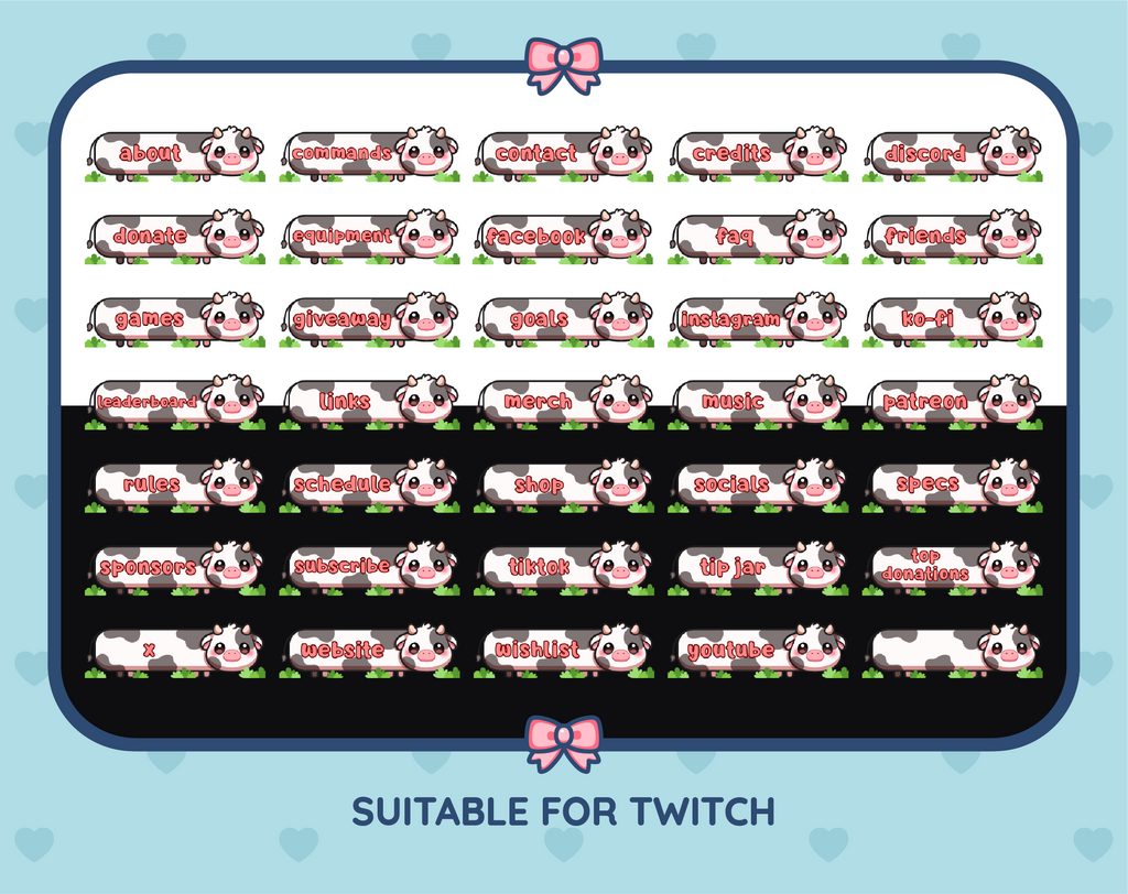 Black Cow Twitch panel pack displaying all 35 included panel designs.