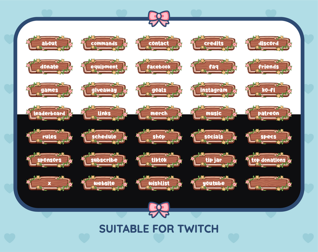 Wooden Sign with Flowers Twitch panel pack displaying all 35 included panel designs.