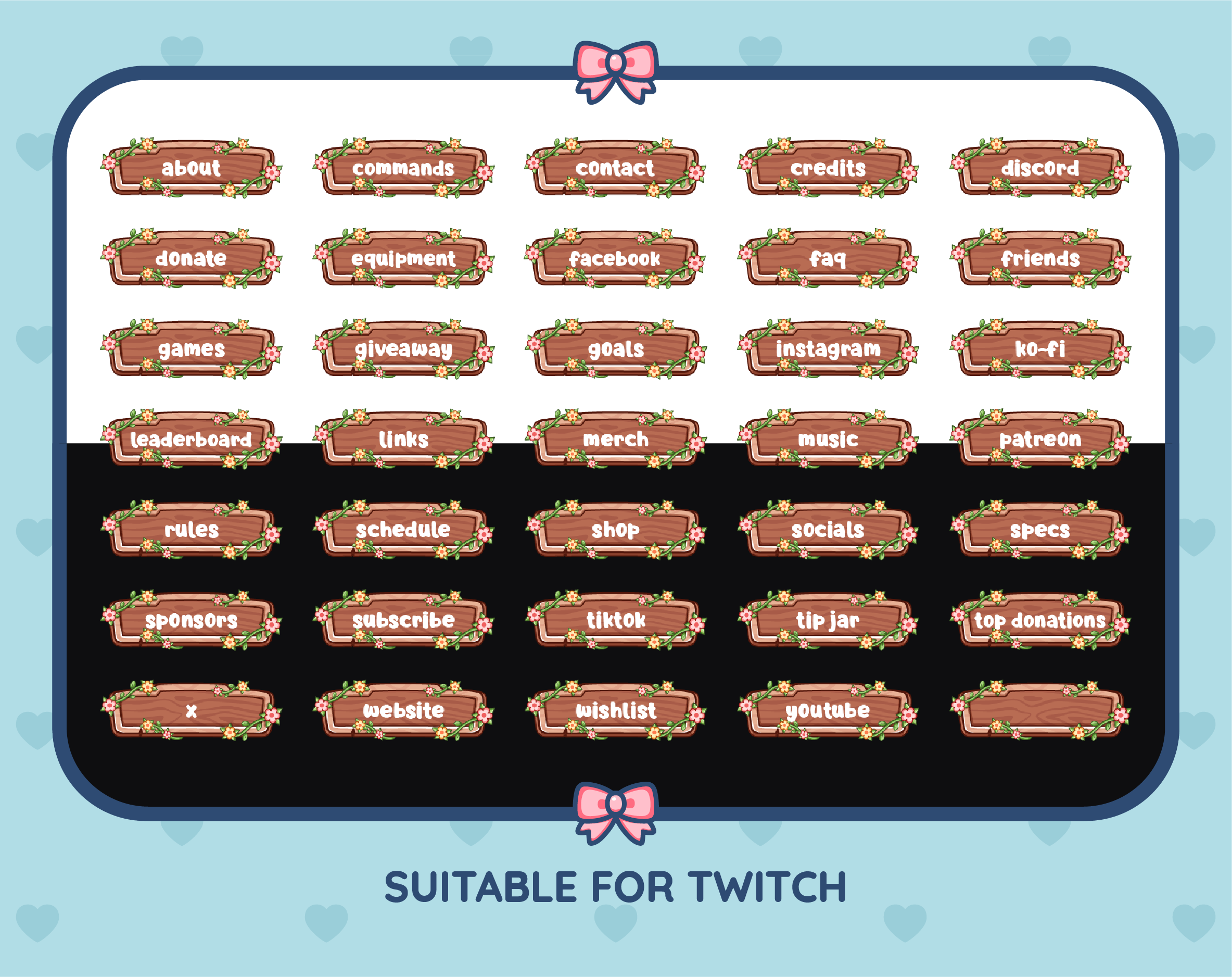 Wooden Sign with Flowers Twitch panel pack displaying all 35 included panel designs.