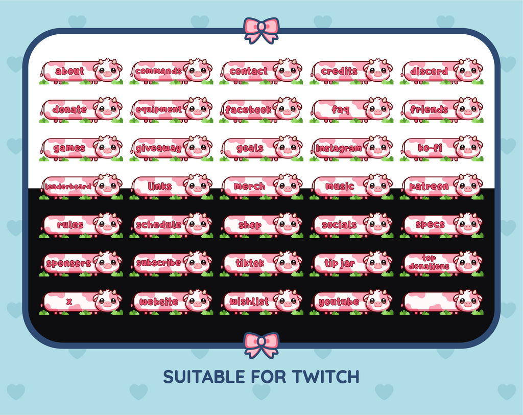Pink Cow Twitch panel pack displaying all 35 included panel designs.