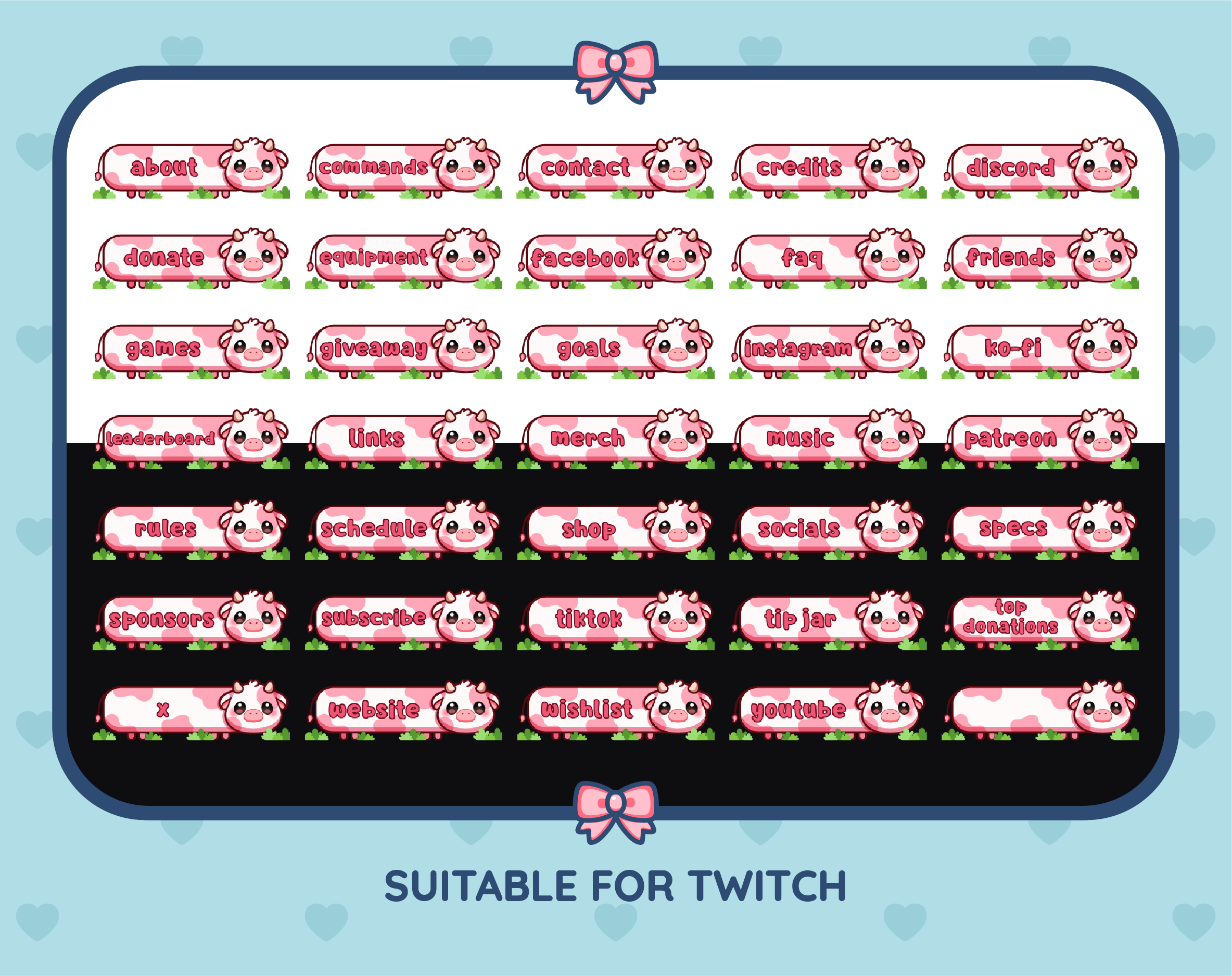Pink Cow Twitch panel pack displaying all 35 included panel designs.