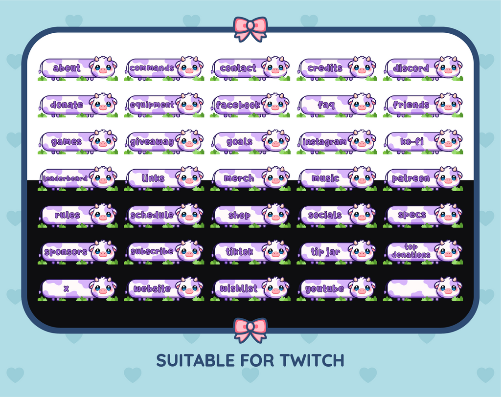 Purple Cow Twitch panel pack displaying all 35 included panel designs.