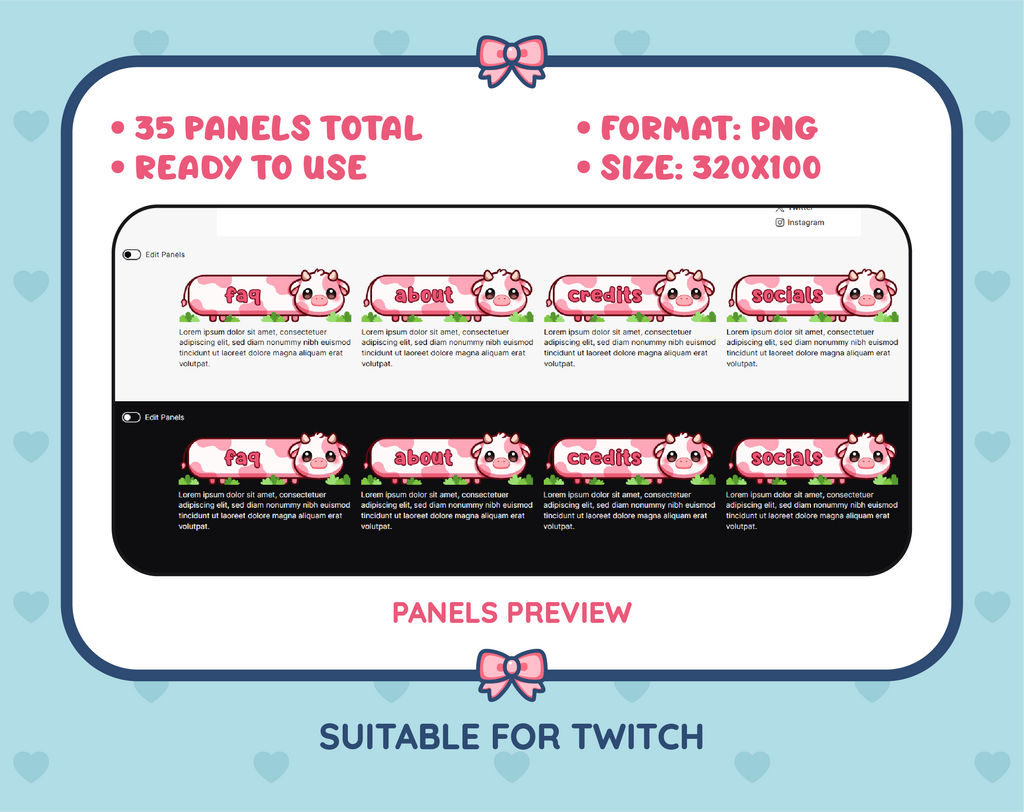 Pink Cow Twitch panel pack preview showing panel examples, PNG format, and 320x100 panel dimensions.