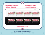 Pink Cow Twitch panel pack preview showing panel examples, PNG format, and 320x100 panel dimensions.