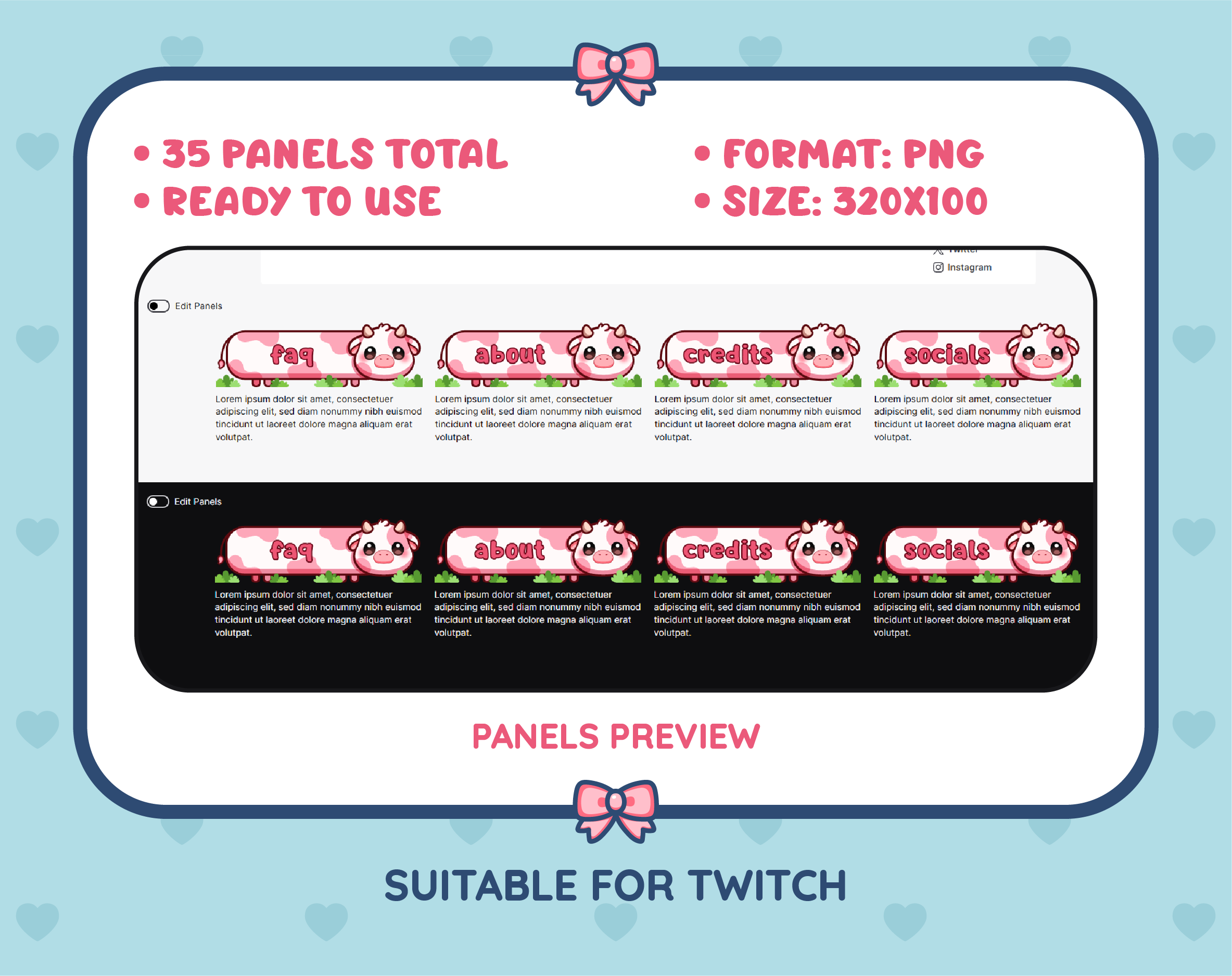 Pink Cow Twitch panel pack preview showing panel examples, PNG format, and 320x100 panel dimensions.