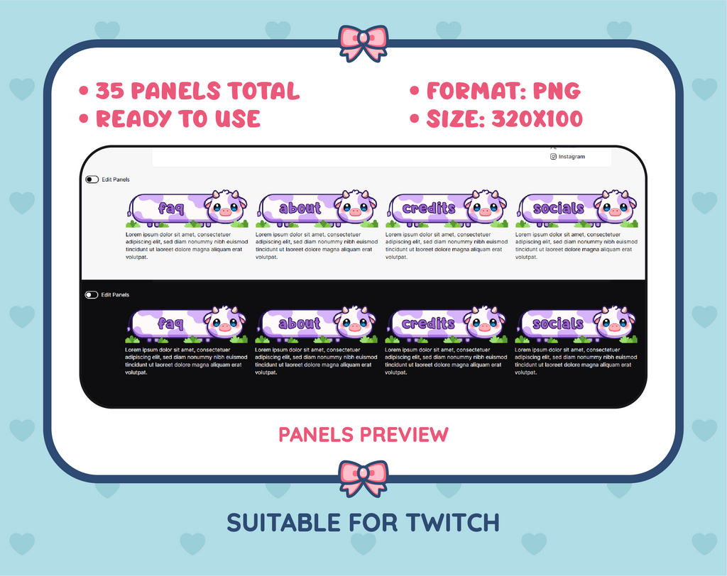 Purple Cow Twitch panel pack preview showing panel examples, PNG format, and 320x100 panel dimensions.