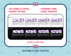 Purple Cow Twitch panel pack preview showing panel examples, PNG format, and 320x100 panel dimensions.