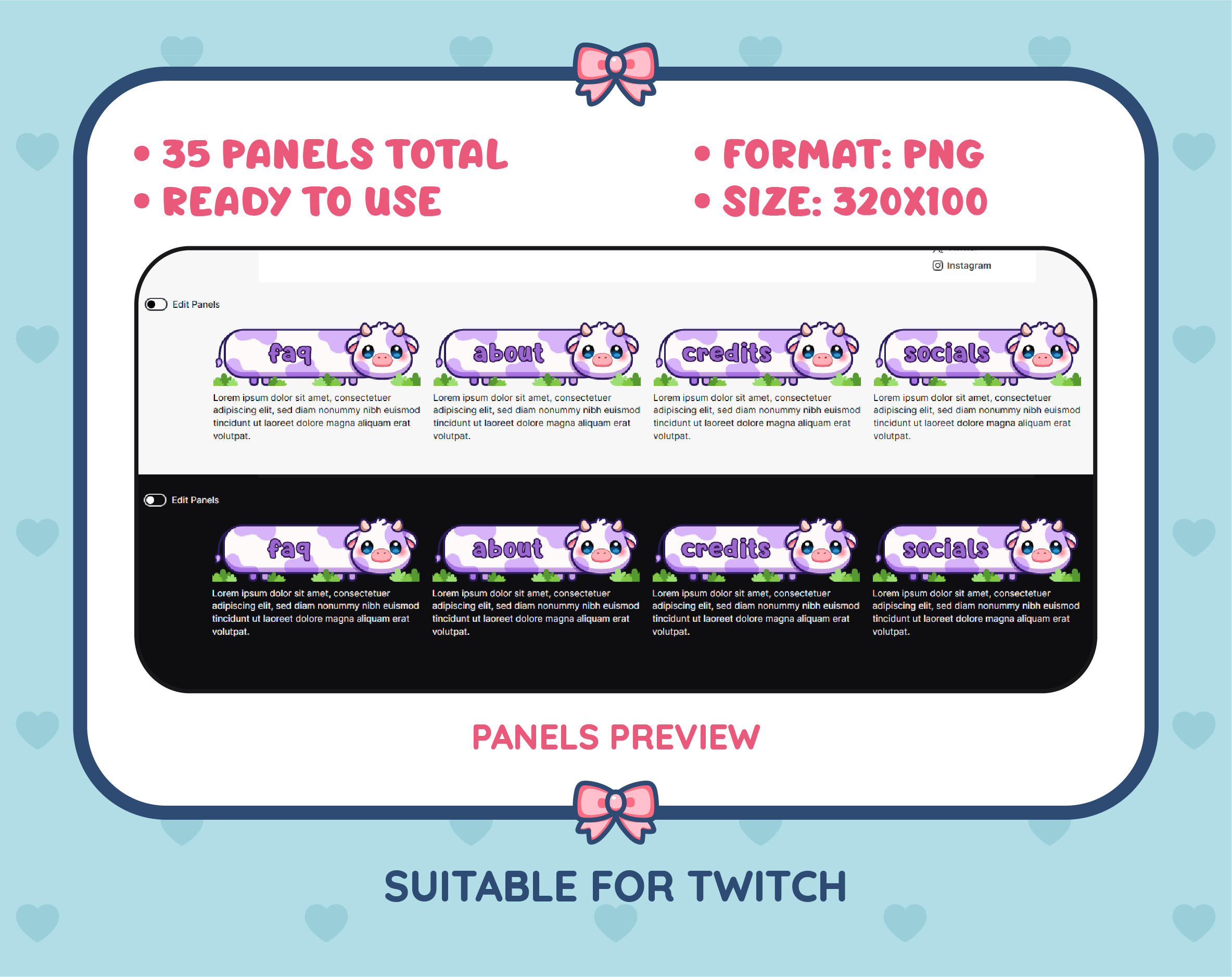Purple Cow Twitch panel pack preview showing panel examples, PNG format, and 320x100 panel dimensions.