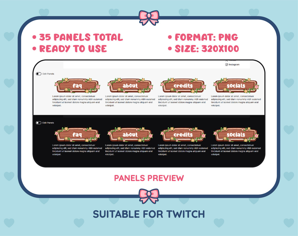 Wooden Sign with Flowers Twitch panel pack preview showing panel examples, PNG format, and 320x100 panel dimensions.