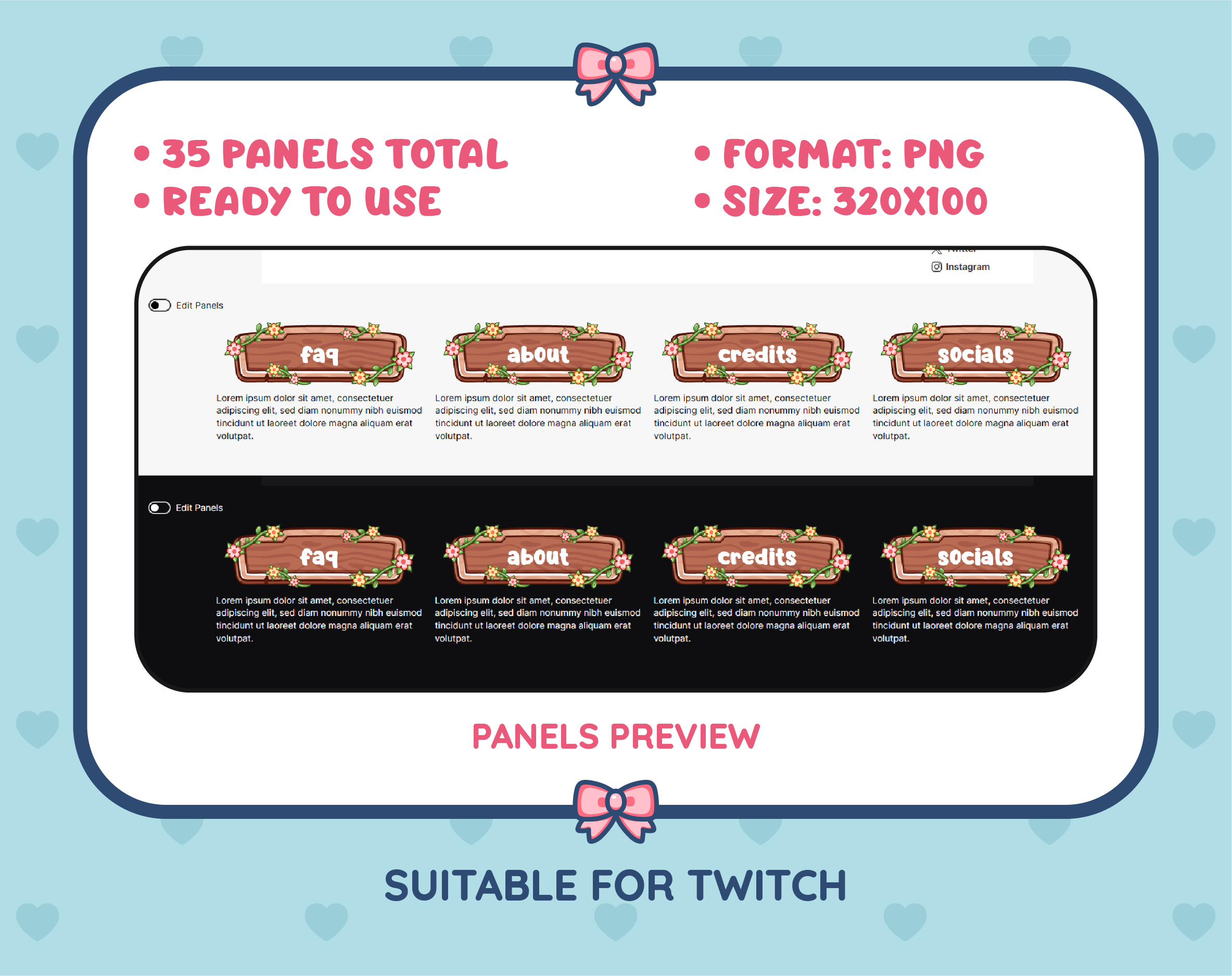 Wooden Sign with Flowers Twitch panel pack preview showing panel examples, PNG format, and 320x100 panel dimensions.