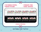Black Cow Twitch panel pack preview showing panel examples, PNG format, and 320x100 panel dimensions.