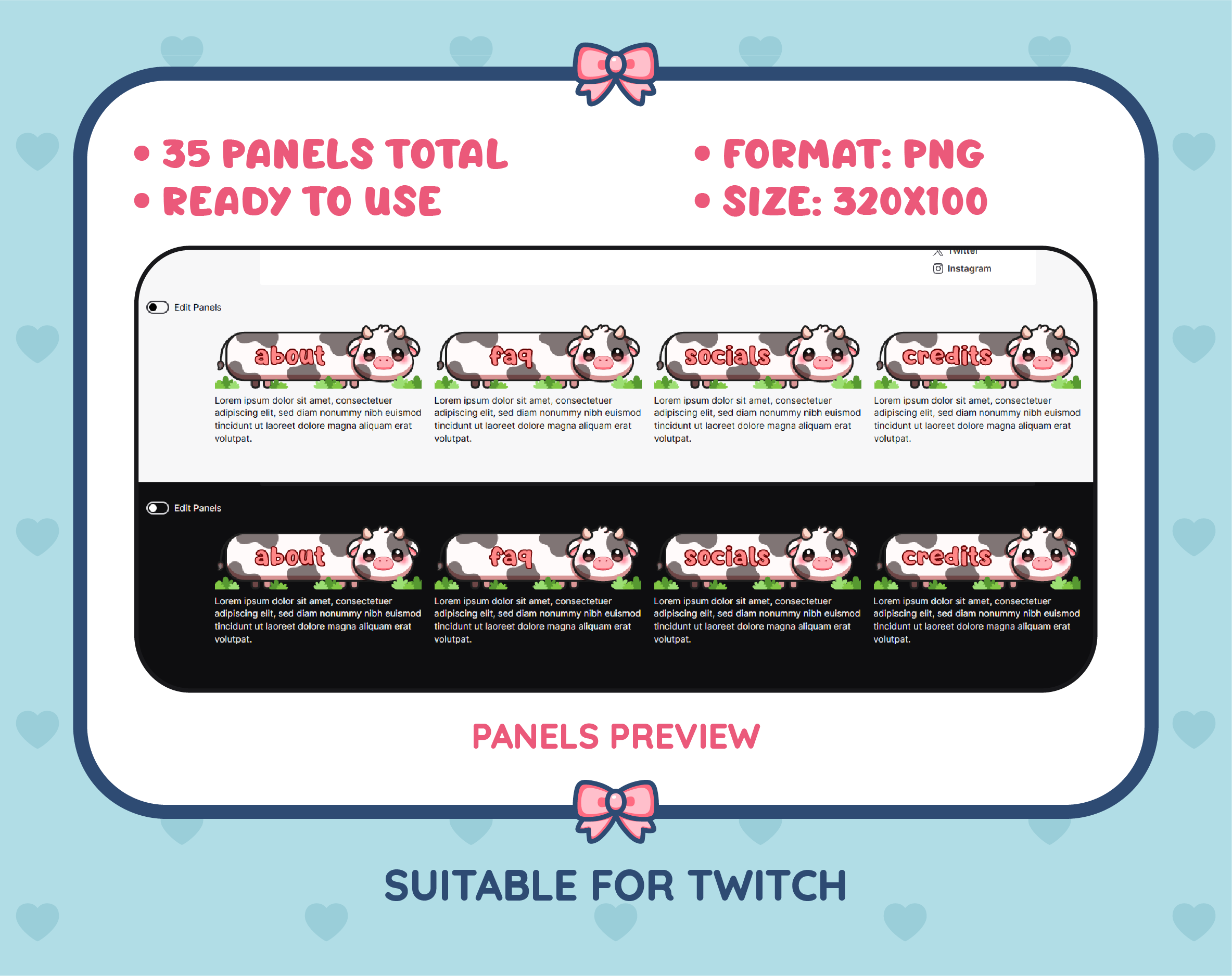Black Cow Twitch panel pack preview showing panel examples, PNG format, and 320x100 panel dimensions.