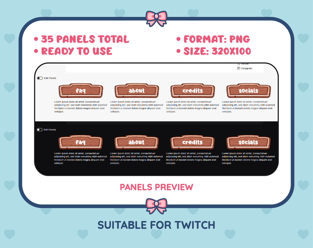 Wooden Sign Twitch panel pack preview showing panel examples, PNG format, and 320x100 panel dimensions.