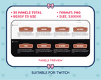 Wooden Sign Twitch panel pack preview showing panel examples, PNG format, and 320x100 panel dimensions.