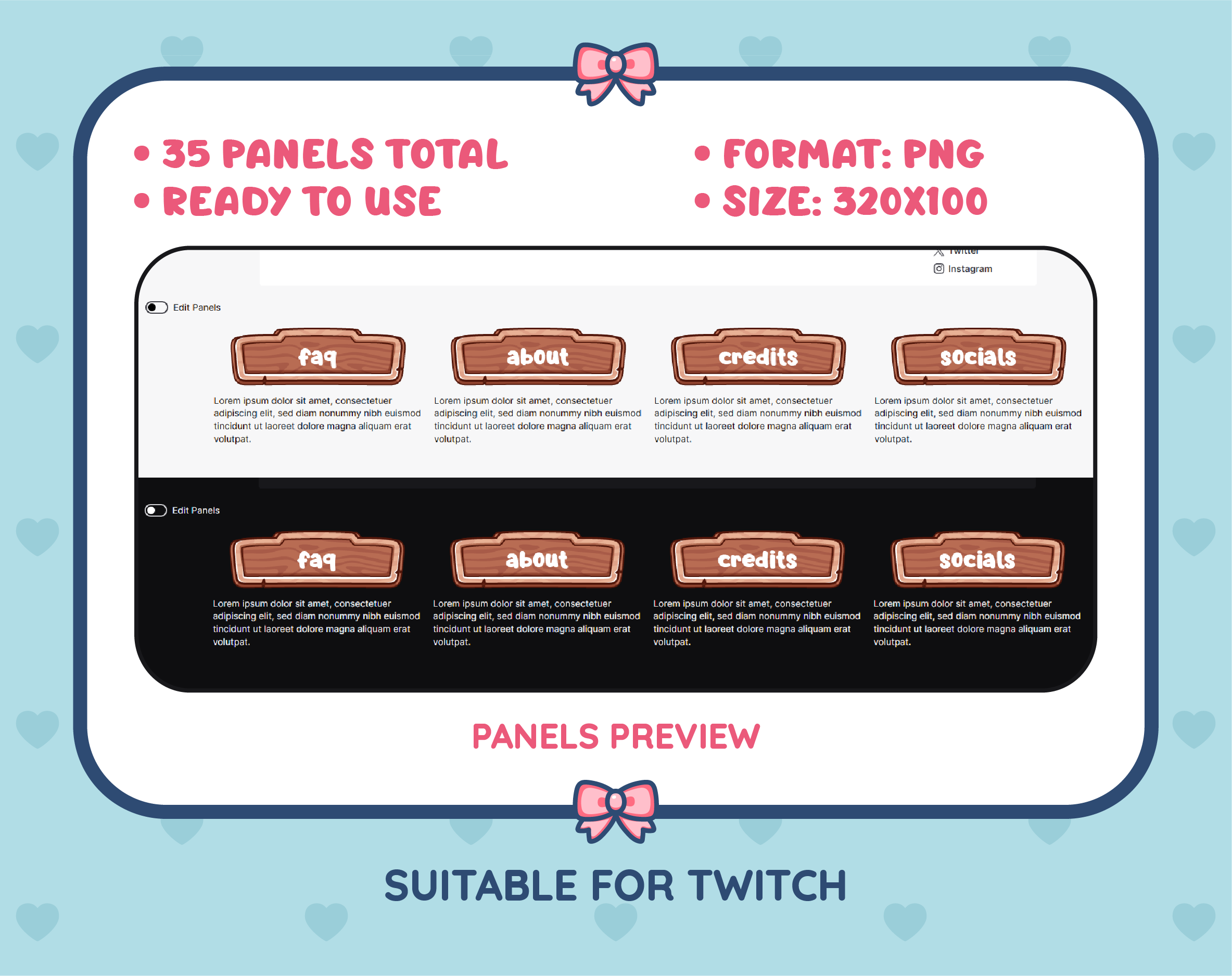 Wooden Sign Twitch panel pack preview showing panel examples, PNG format, and 320x100 panel dimensions.