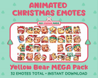 Yellow Bear Christmas animated Twitch emote mega pack GIF preview showing all 32 emote animations.
