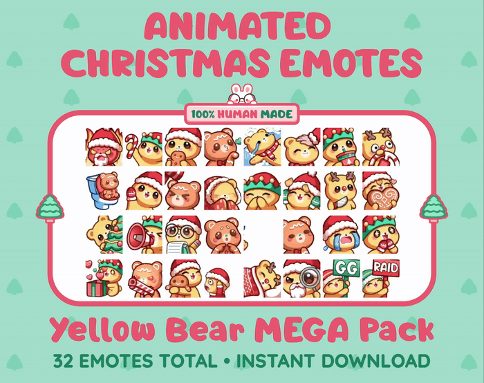 Yellow Bear Christmas animated Twitch emote mega pack GIF preview showing all 32 emote animations.