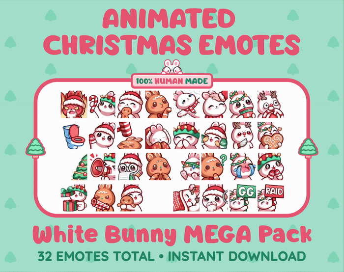 White Bunny Christmas animated Twitch emote mega pack GIF preview showing all 32 emote animations.